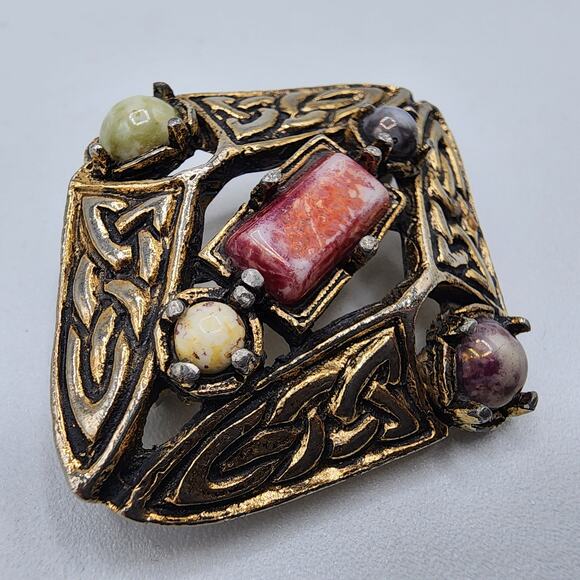1930-40s Celtic Revival Brooch Brass Knotwork Glazed Ceramic Cabochons - Picture 2 of 8